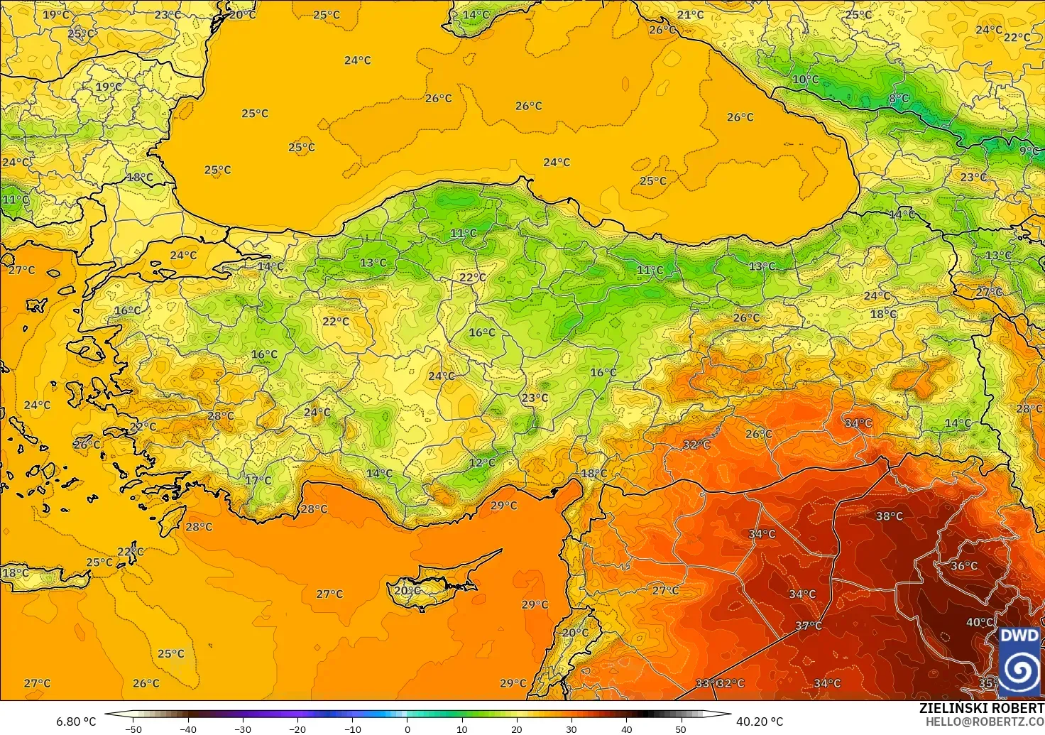 ICON modelo - Turquía, Temperatura a 2 m