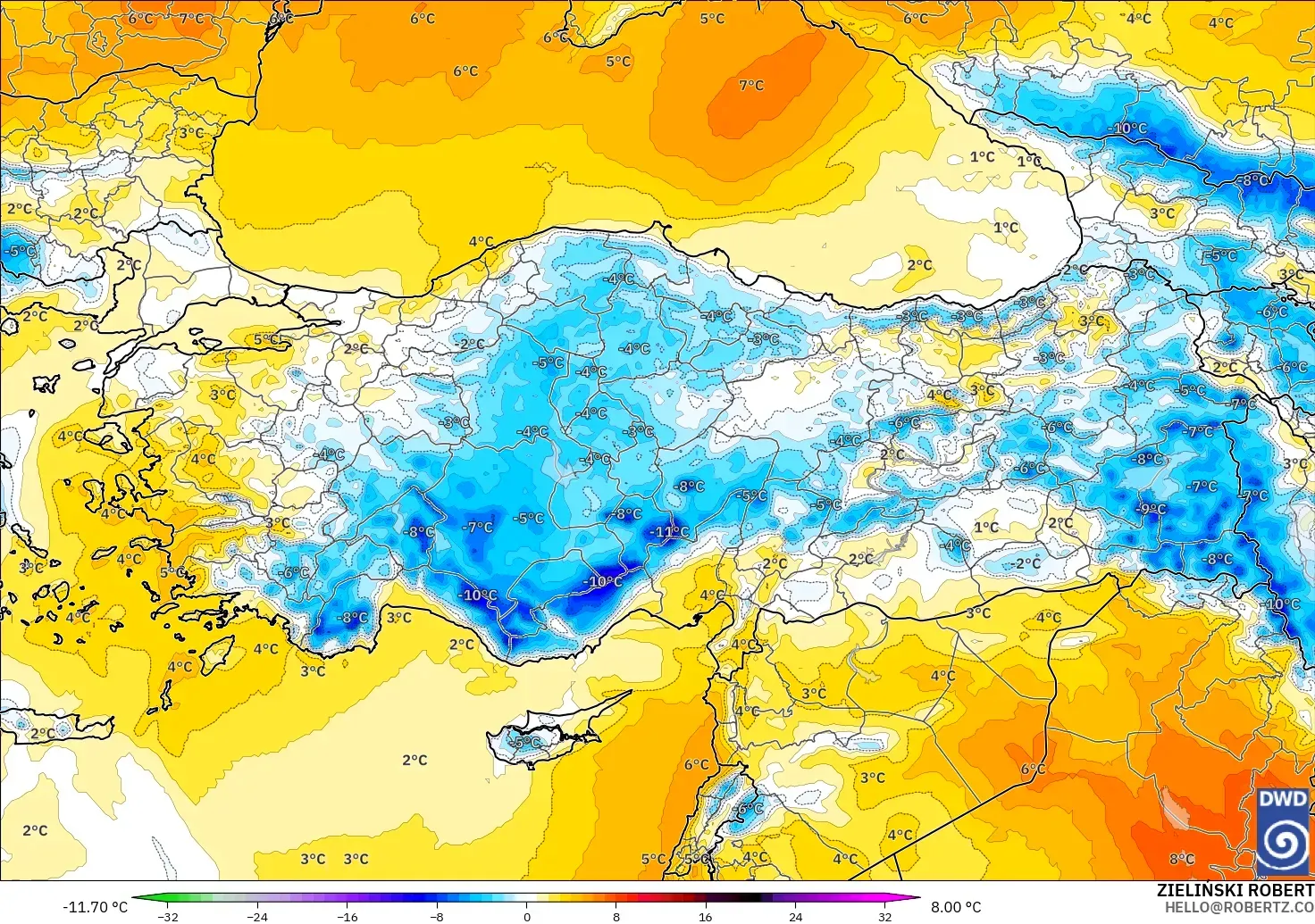 ICON modelo - Turquía, Anomalía de temperatura a 850 hPa