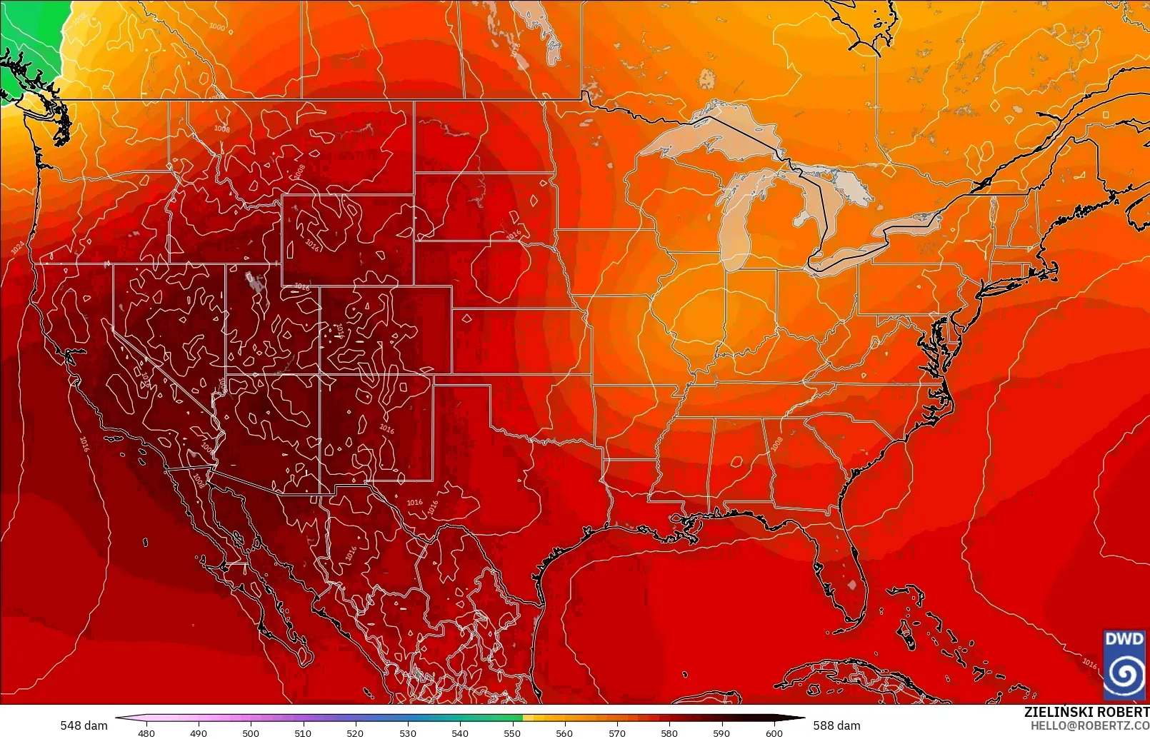 ICON modelo - Estados Unidos, Altura geopotencial a 500 hPa