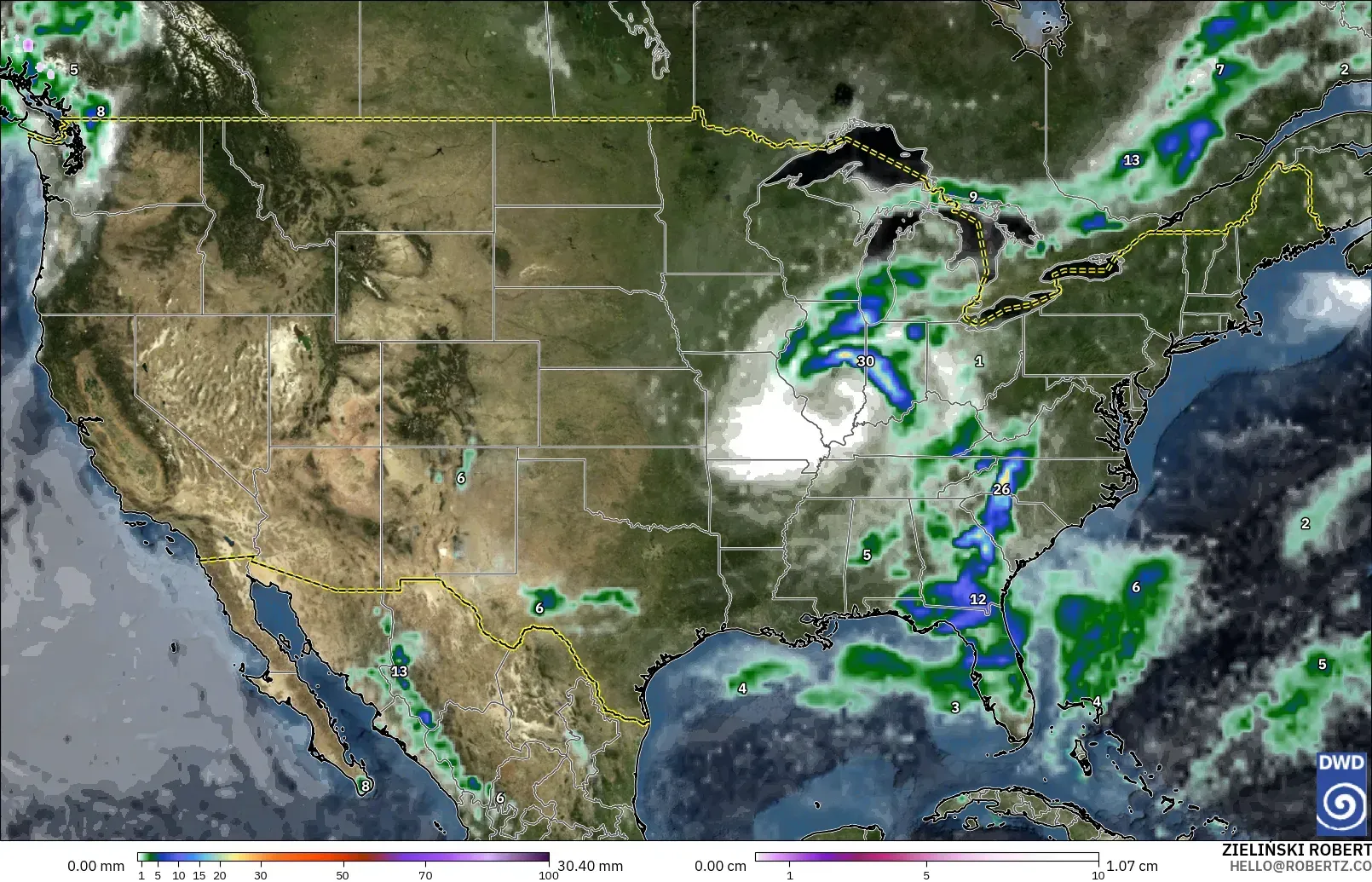 ICON modelo - Estados Unidos, Precipitación, nubes y presión