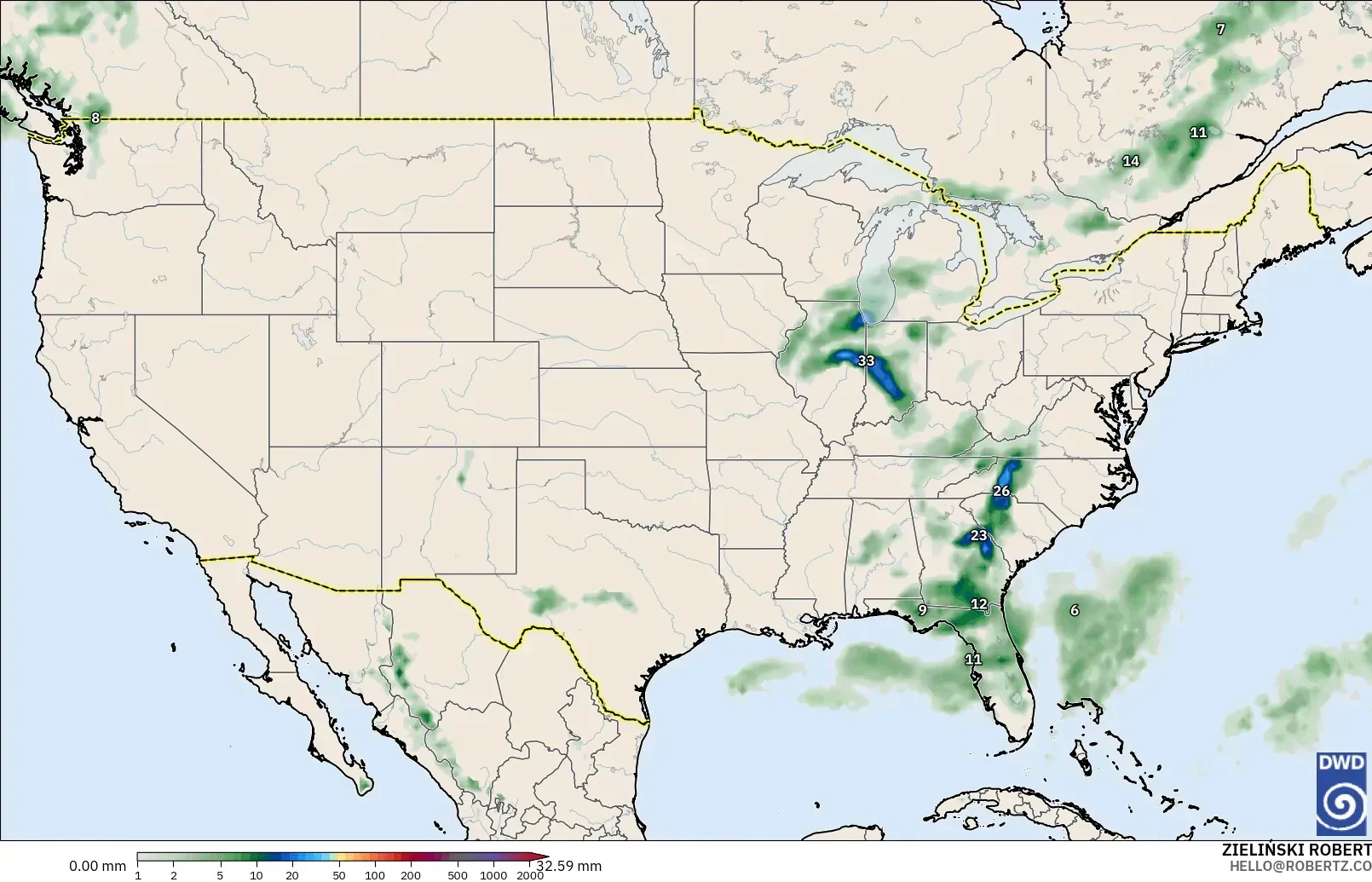 ICON modelo - Estados Unidos, Acumulación de precipitación