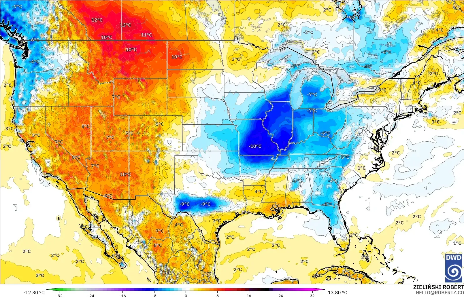 ICON modelo - Estados Unidos, Anomalía de temperatura a 2 m