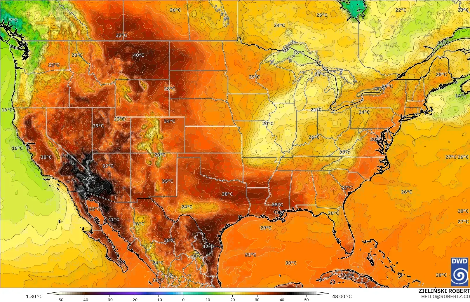 ICON modelo - Estados Unidos, Temperatura a 2 m