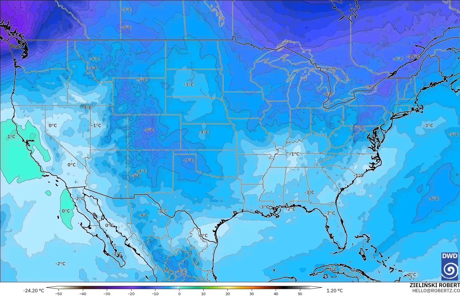ICON modelo - Estados Unidos, Temperatura a 500 hPa