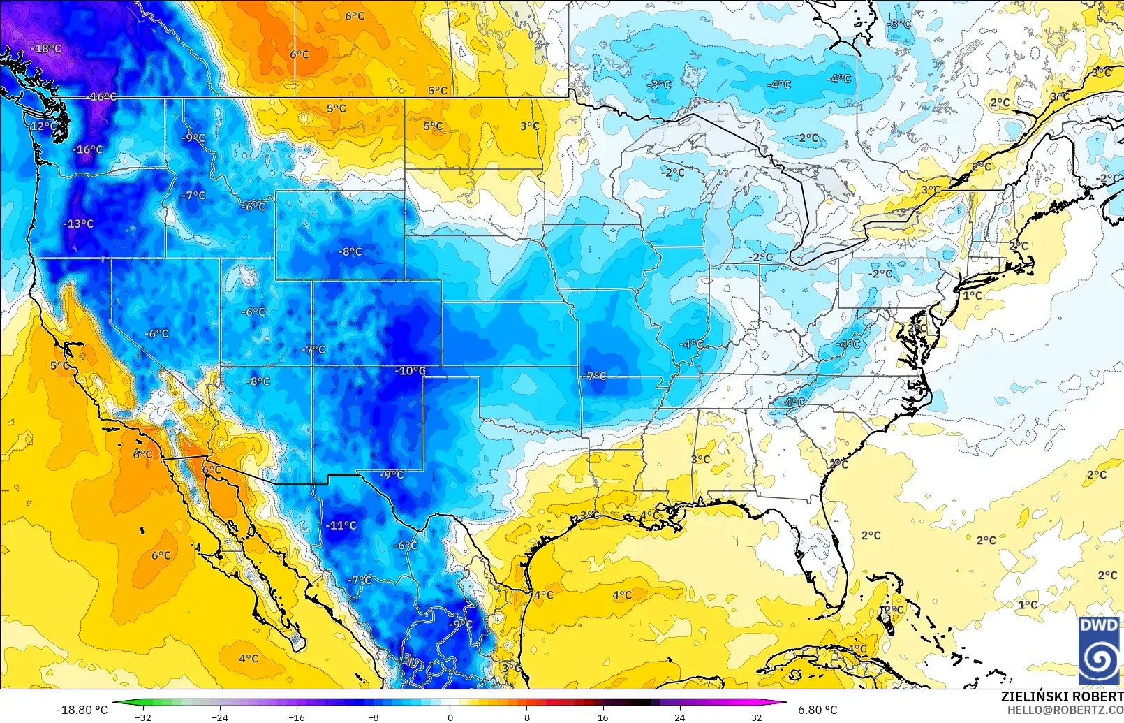 ICON modelo - Estados Unidos, Anomalía de temperatura a 850 hPa