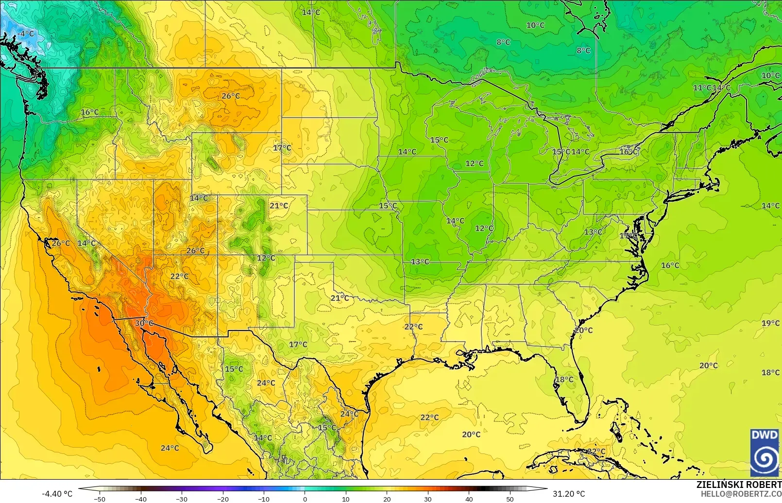 ICON modelo - Estados Unidos, Temperatura a 850 hPa