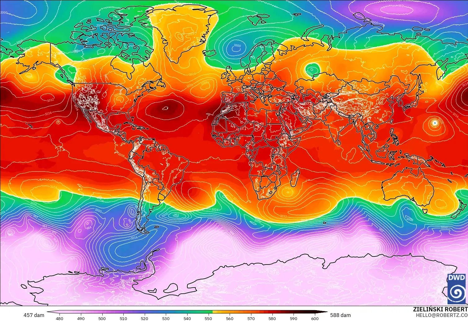 ICON modelo - Mundo, Altura geopotencial a 500 hPa