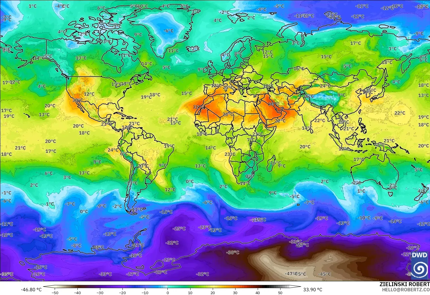 ICON modelo - Mundo, Temperatura a 850 hPa