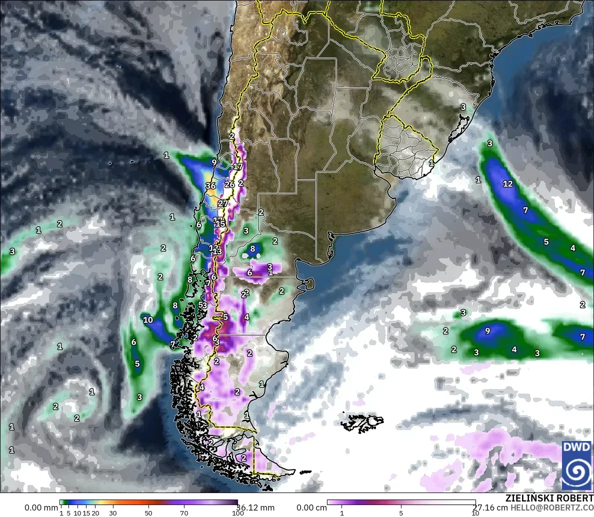 ICON modelo - Argentina, Precipitación, nubes y presión