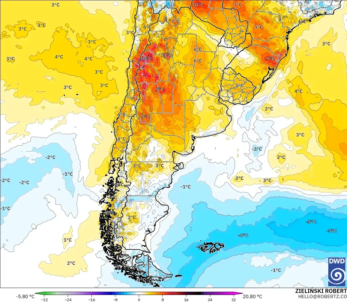 ICON modelo - Argentina, Anomalía de temperatura a 2 m