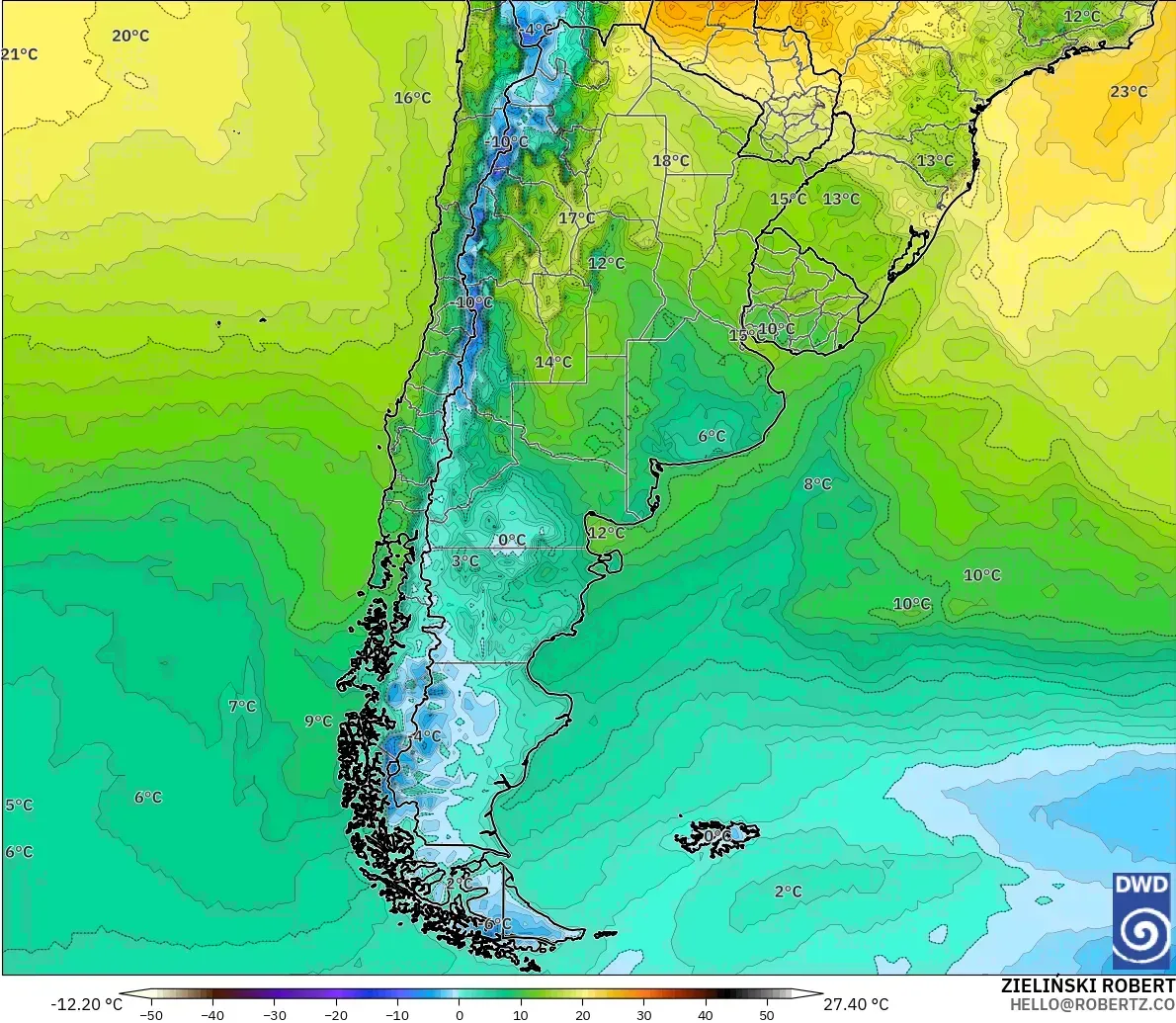 ICON modelo - Argentina, Temperatura a 2 m
