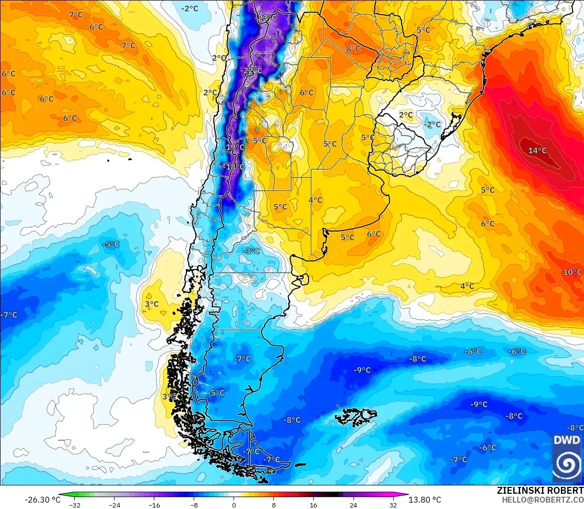 ICON modelo - Argentina, Anomalía de temperatura a 850 hPa