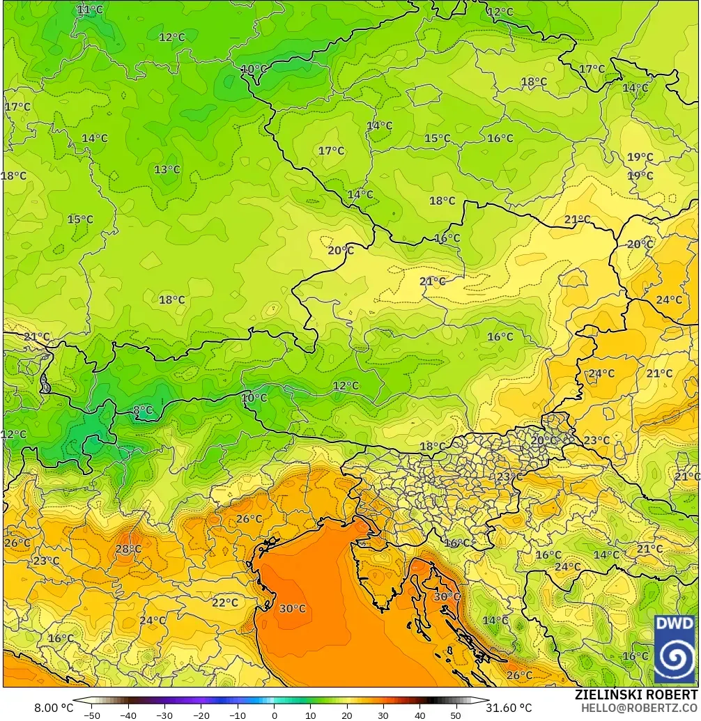 ICON modelo - Austria, Temperatura a 2 m