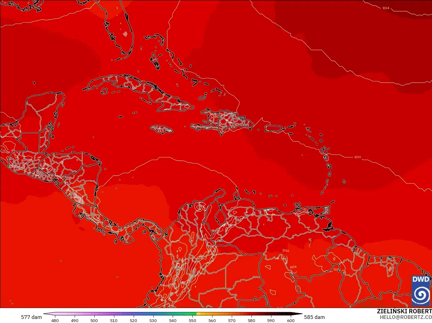ICON modelo - Caribe, Altura geopotencial a 500 hPa