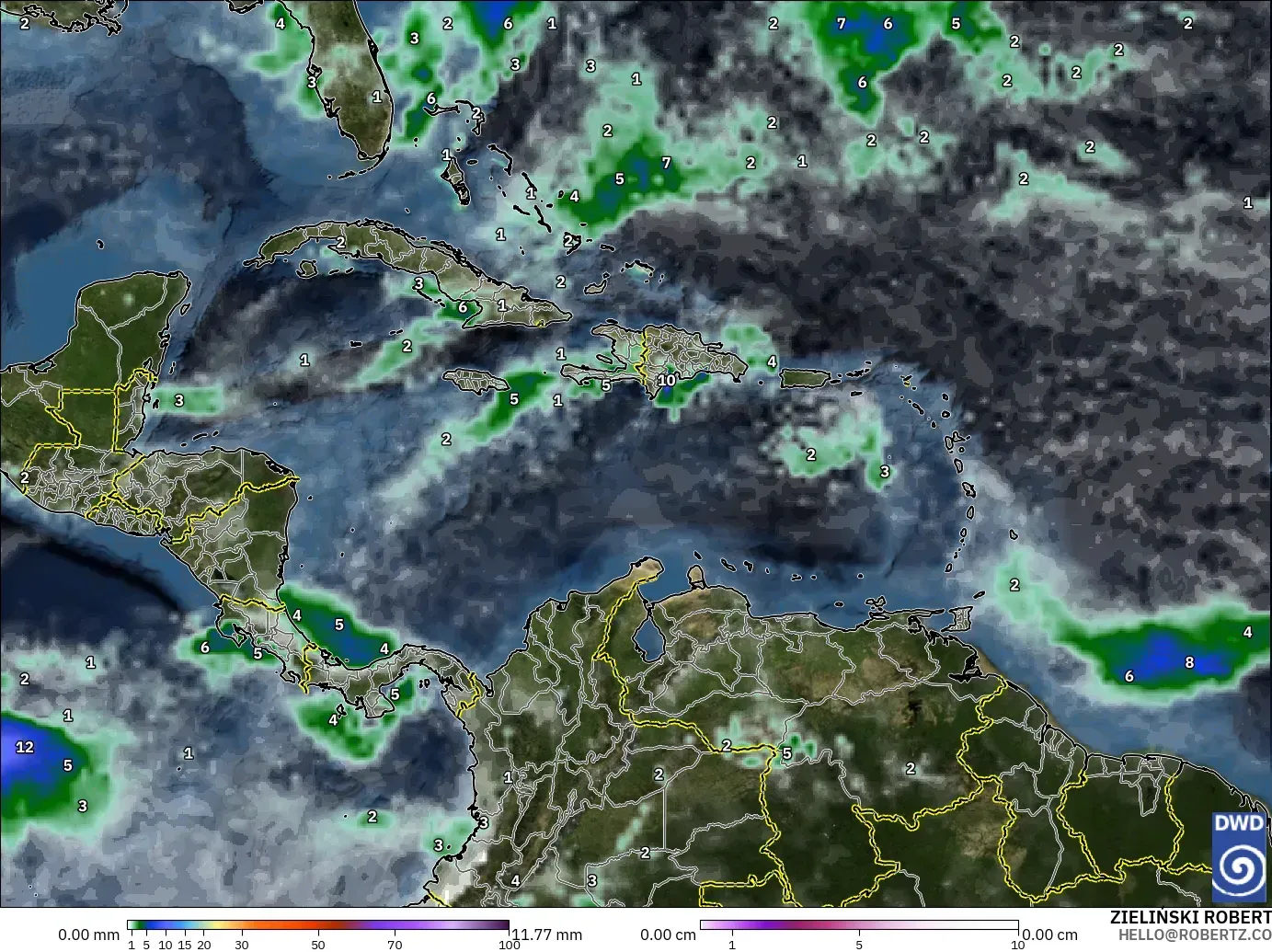 ICON modelo - Caribe, Precipitación, nubes y presión