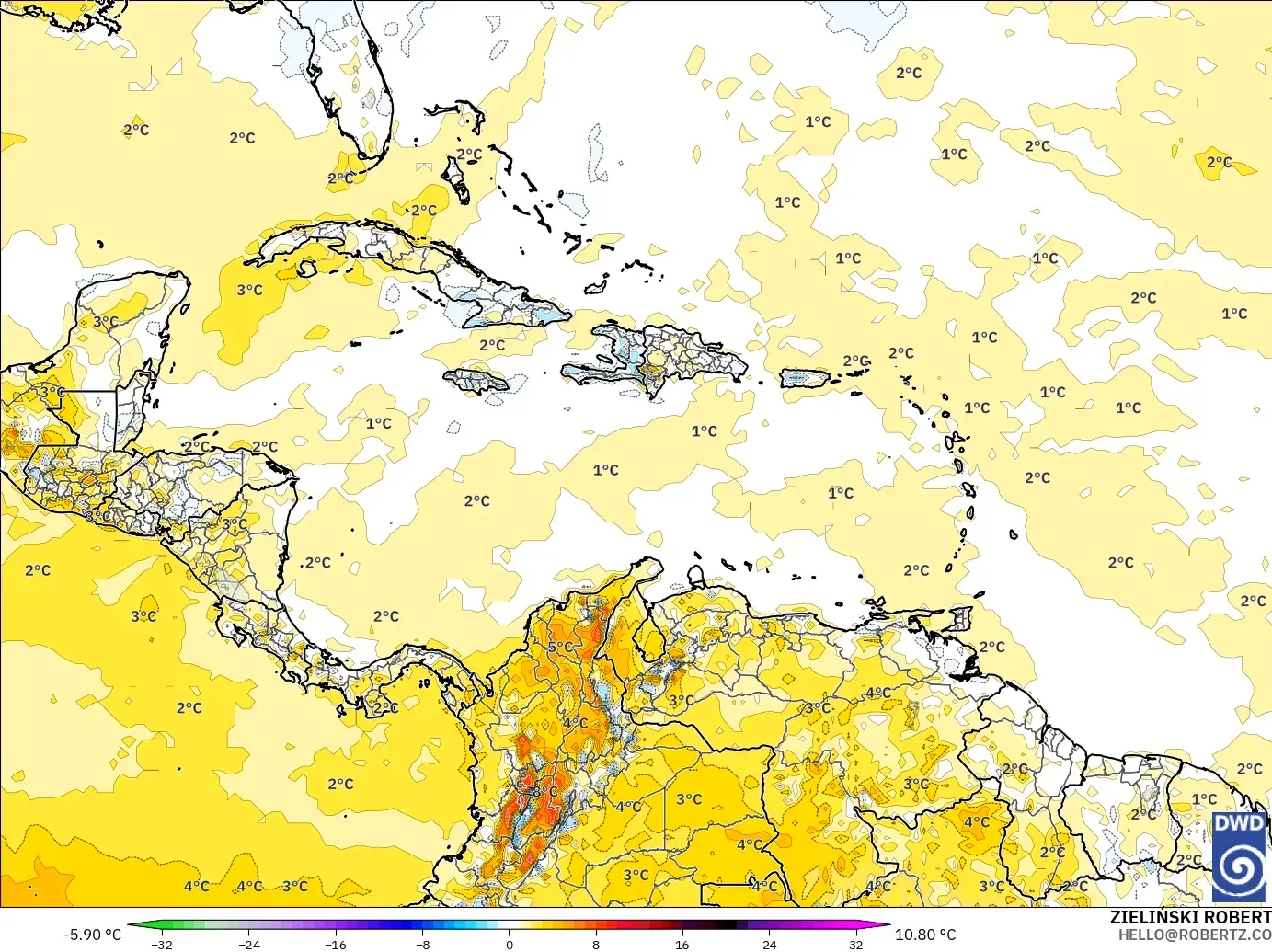 ICON modelo - Caribe, Anomalía de temperatura a 2 m
