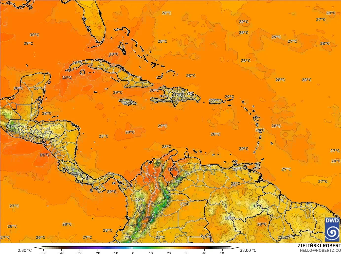 ICON modelo - Caribe, Temperatura a 2 m