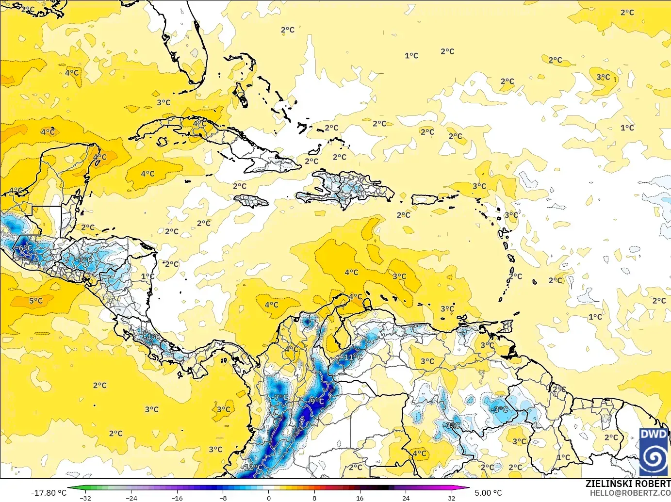 ICON modelo - Caribe, Anomalía de temperatura a 850 hPa