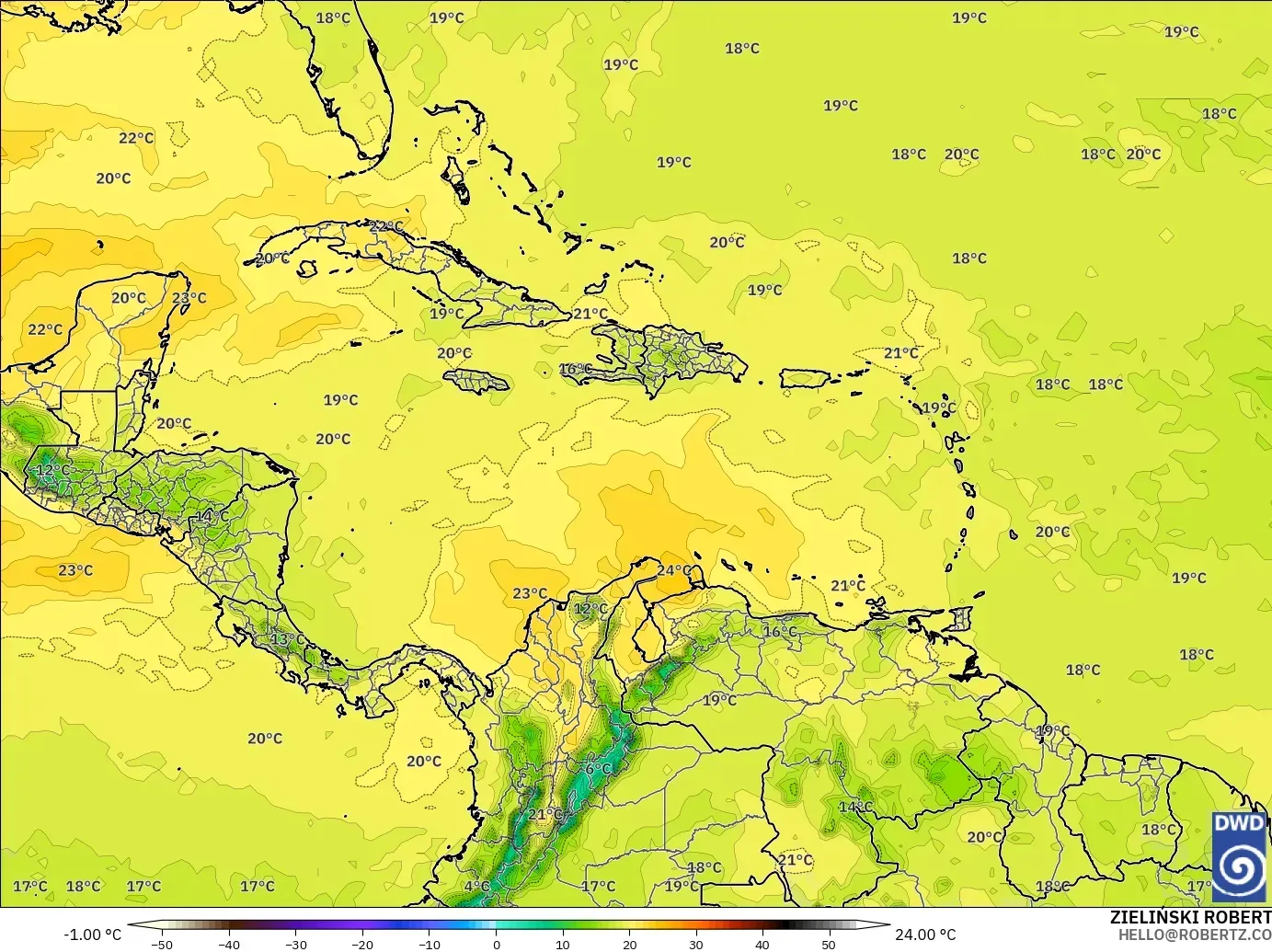 ICON modelo - Caribe, Temperatura a 850 hPa