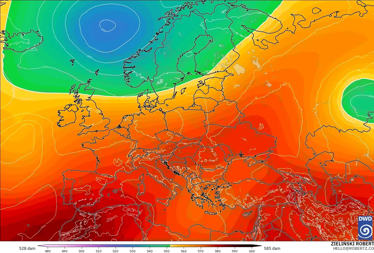 ICON modelo - Europa, Altura geopotencial a 500 hPa