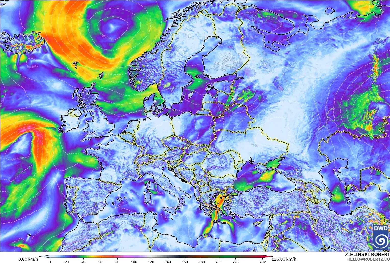 ICON modelo - Europa, Ráfagas de viento