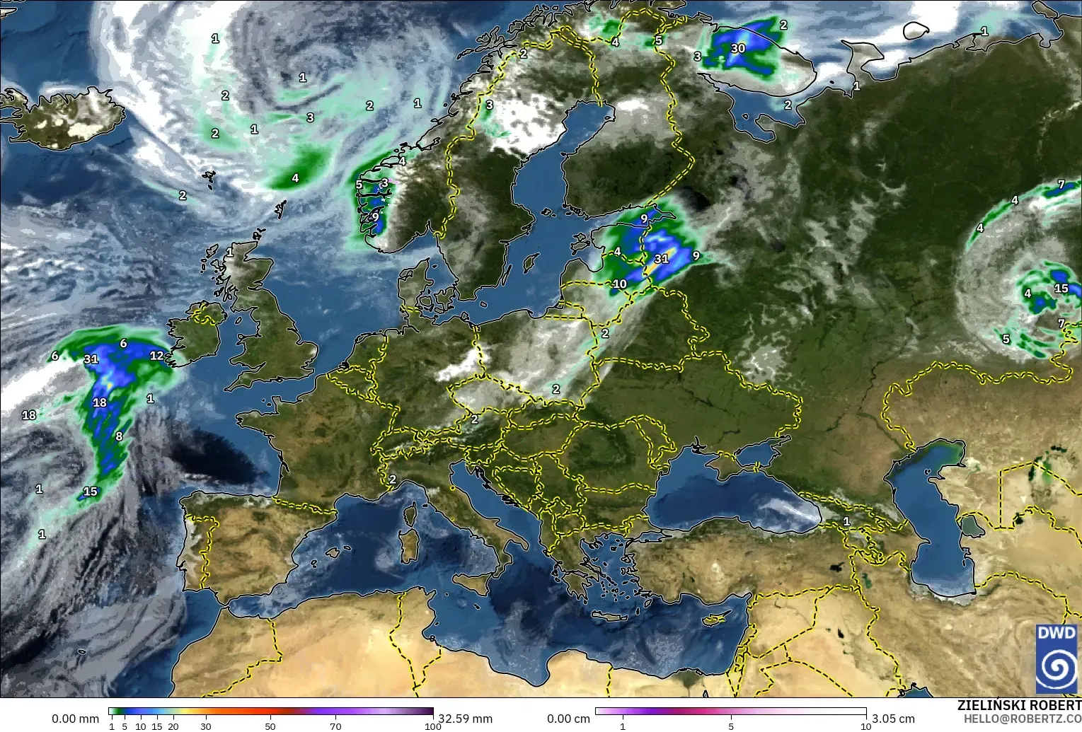 ICON modelo - Europa, Precipitación, nubes y presión