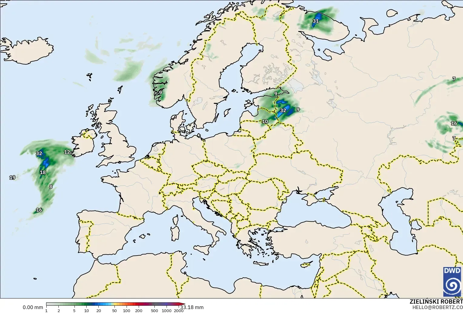 ICON modelo - Europa, Acumulación de precipitación
