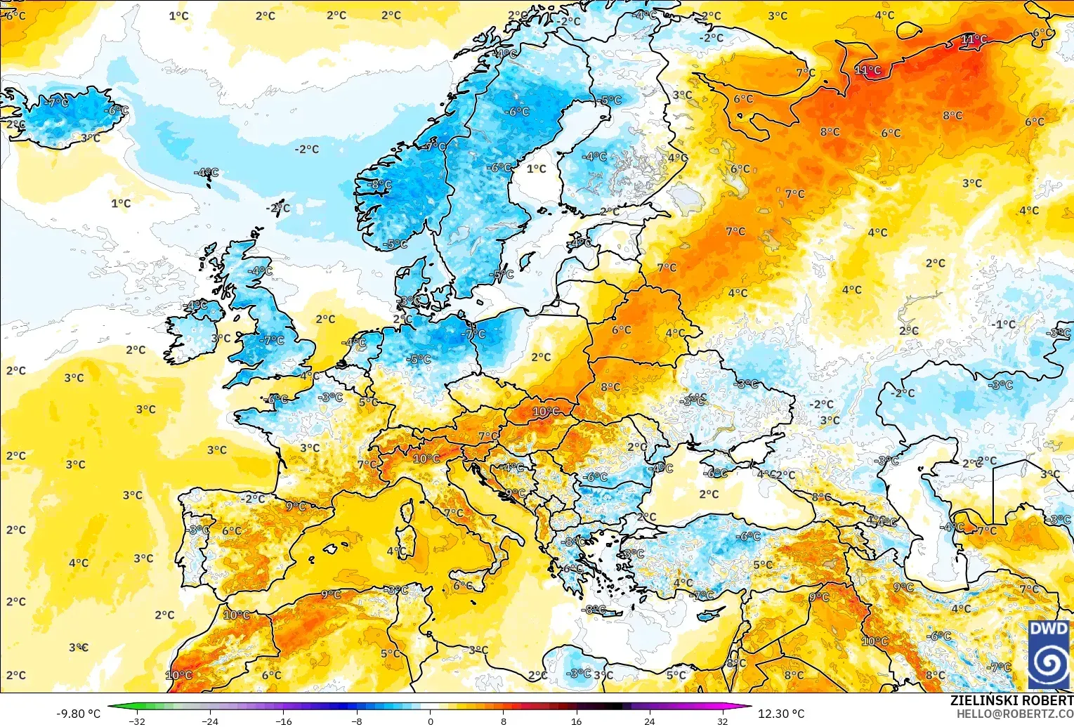 ICON modelo - Europa, Anomalía de temperatura a 2 m