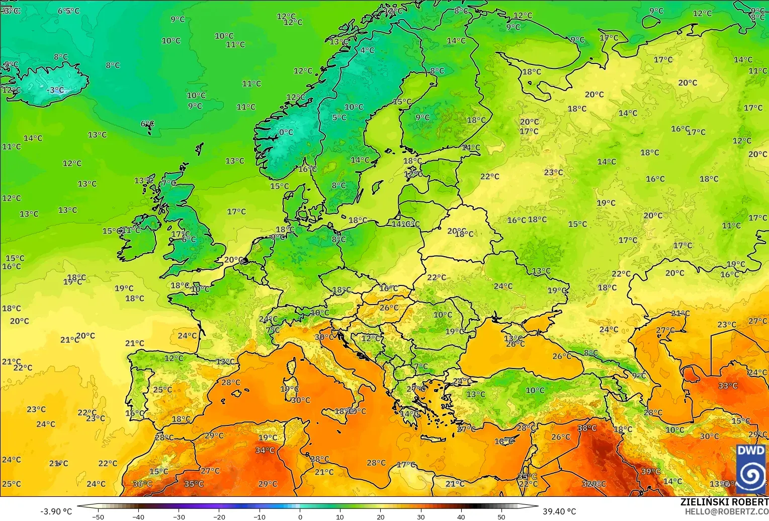 ICON modelo - Europa, Temperatura a 2 m