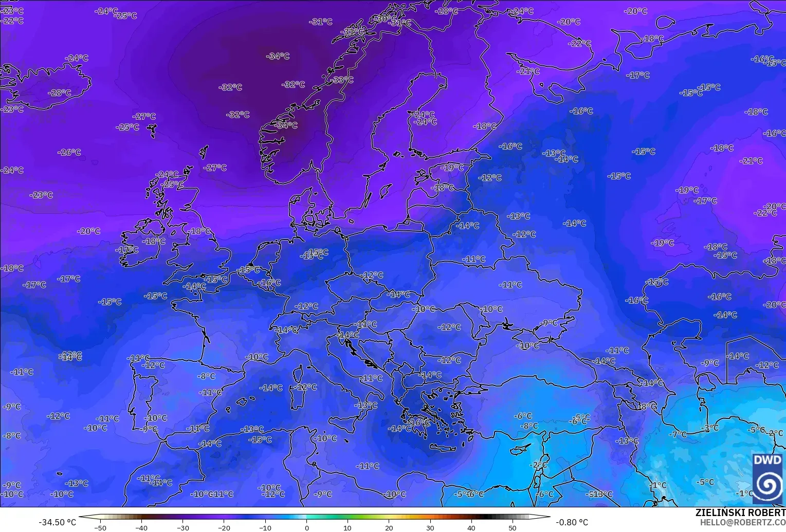 ICON modelo - Europa, Temperatura a 500 hPa
