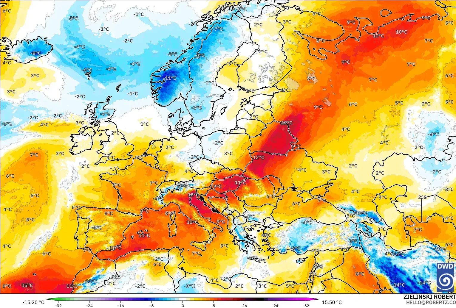 ICON modelo - Europa, Anomalía de temperatura a 850 hPa
