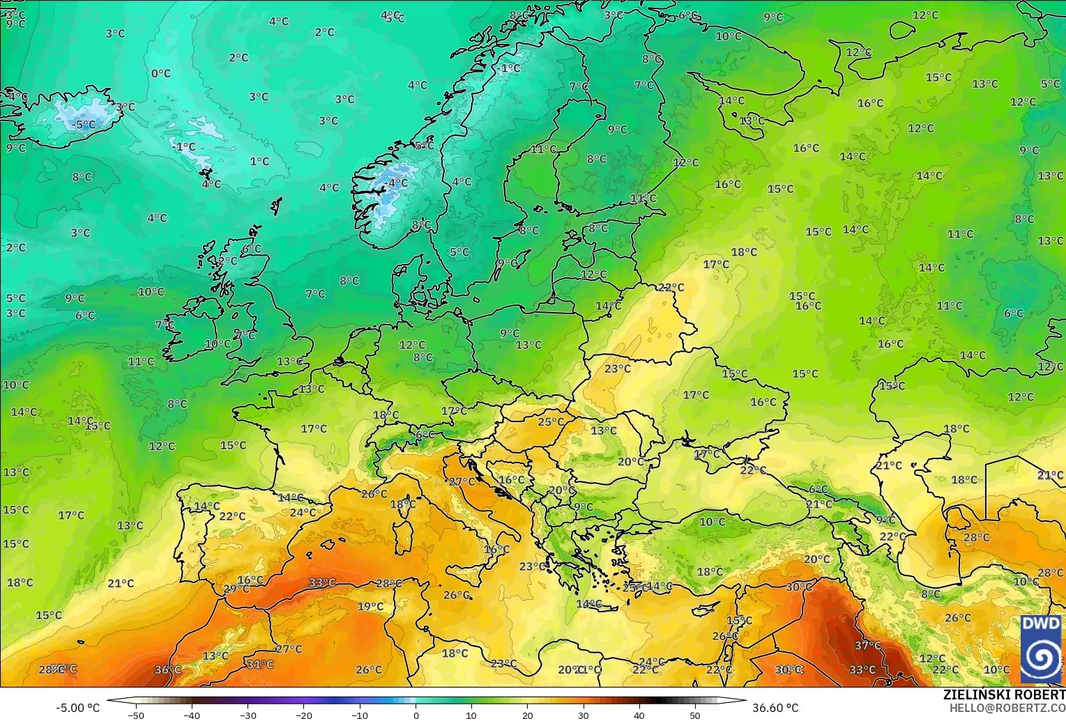 ICON modelo - Europa, Temperatura a 850 hPa