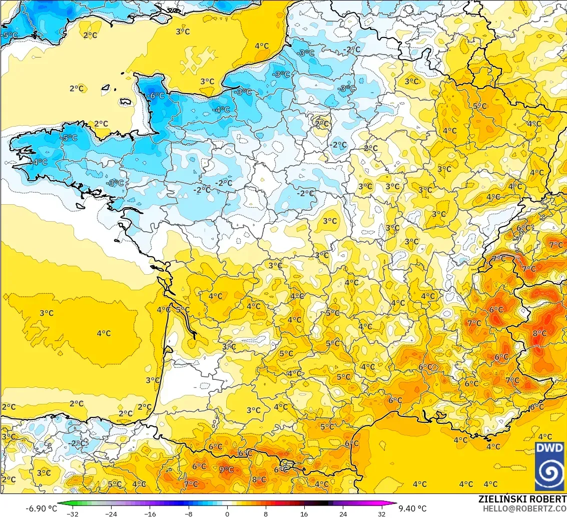 ICON modelo - Francia, Anomalía de temperatura a 2 m