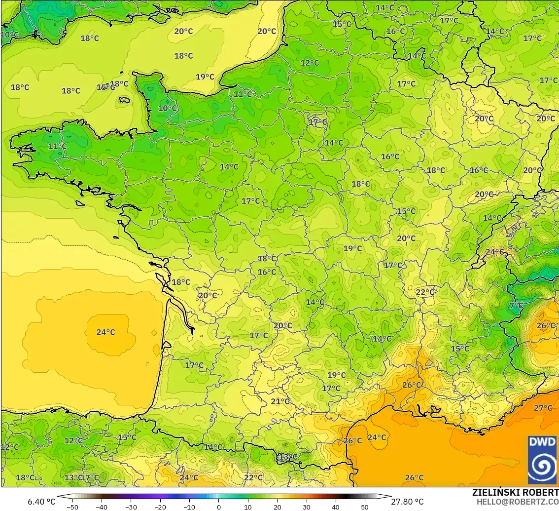 ICON modelo - Francia, Temperatura a 2 m
