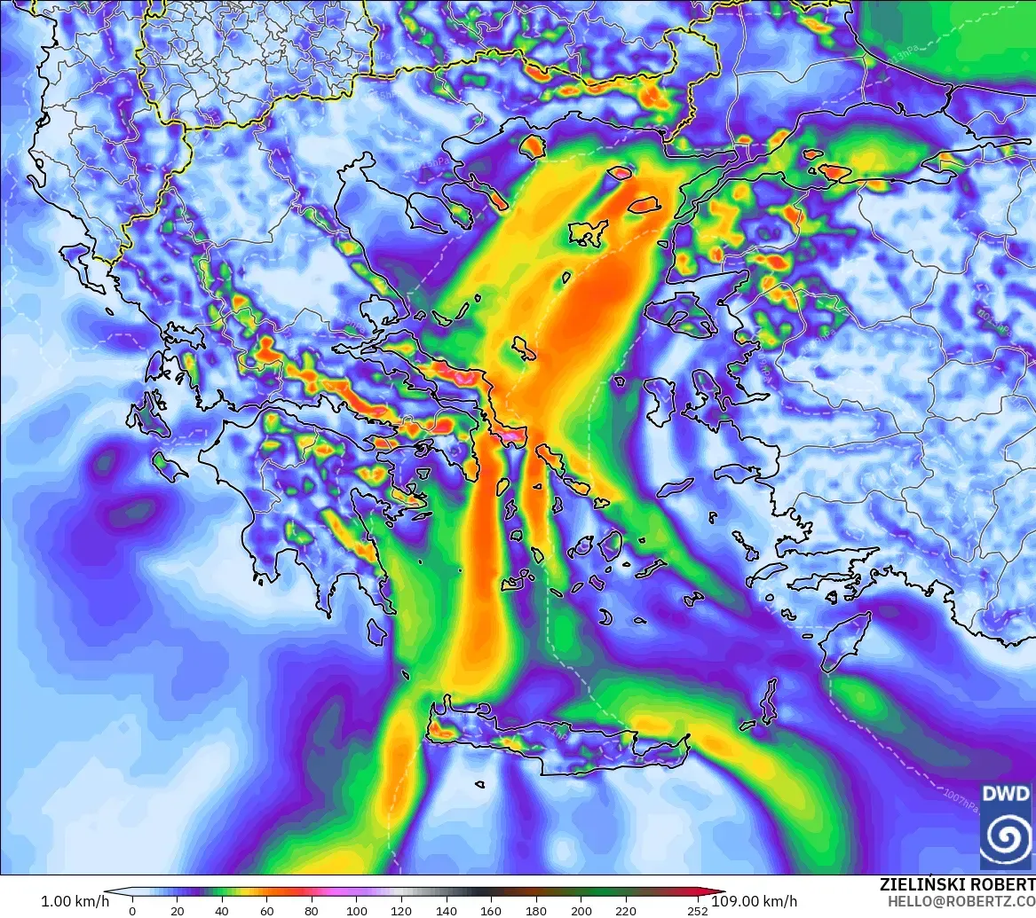 ICON modelo - Grecia, Ráfagas de viento