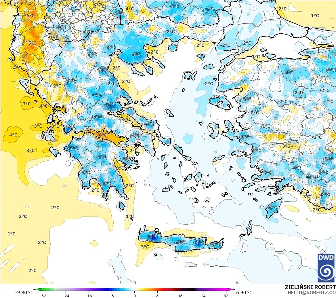 ICON modelo - Grecia, Anomalía de temperatura a 2 m