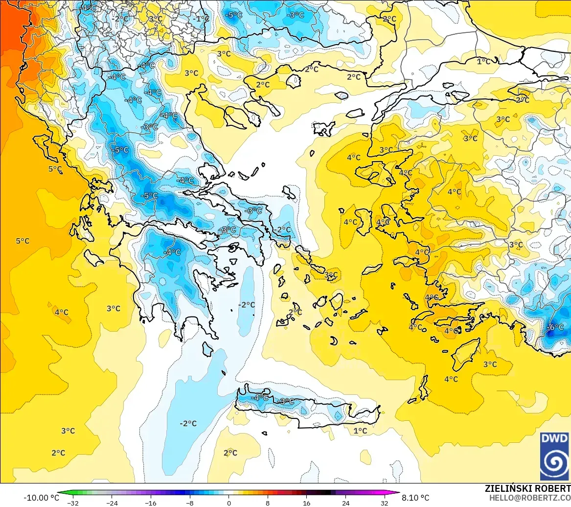 ICON modelo - Grecia, Anomalía de temperatura a 850 hPa