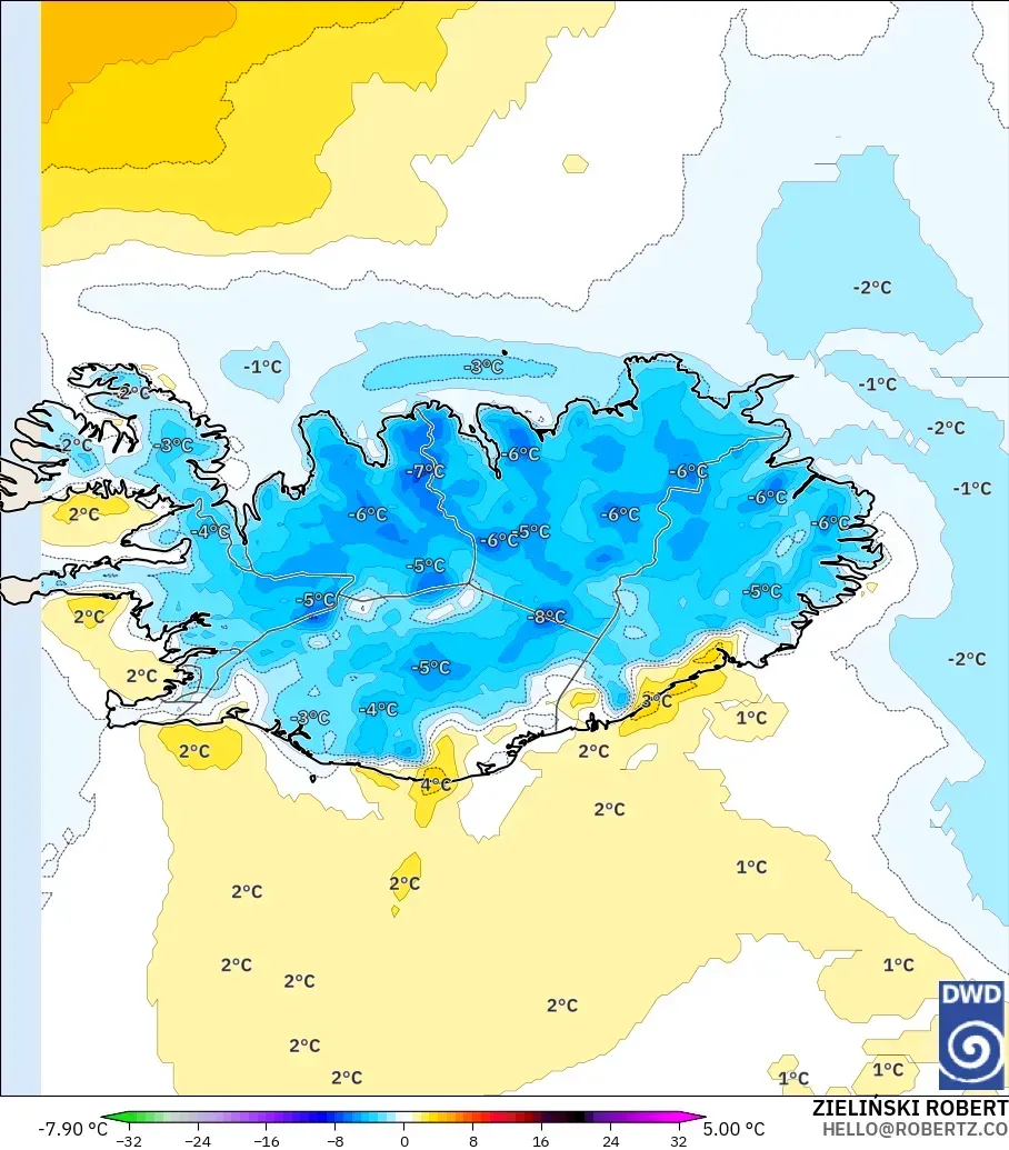 ICON modelo - Islandia, Anomalía de temperatura a 2 m