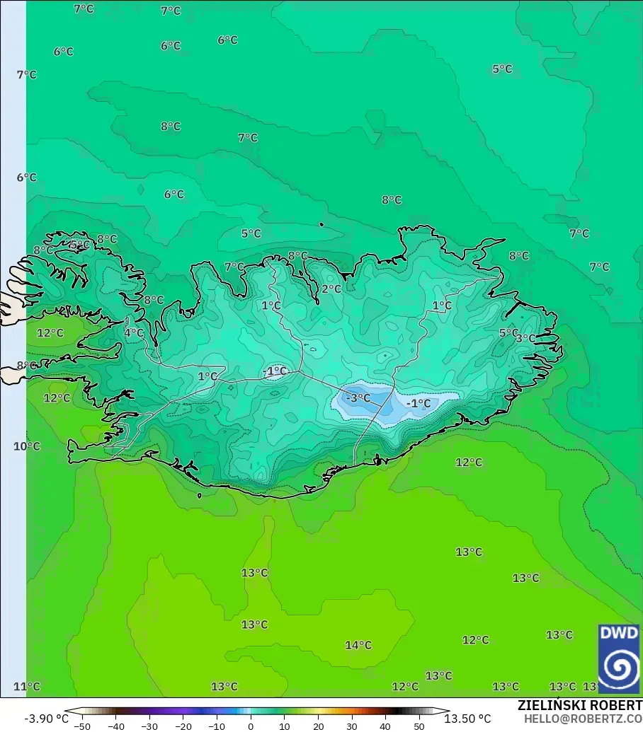 ICON modelo - Islandia, Temperatura a 2 m