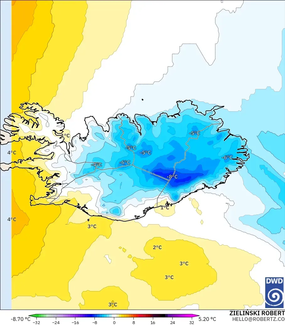 ICON modelo - Islandia, Anomalía de temperatura a 850 hPa