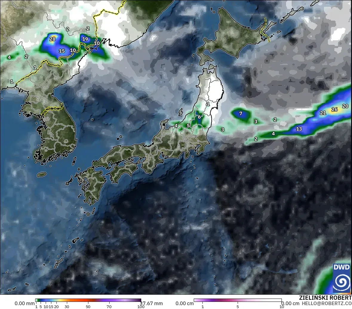 ICON modelo - Japón, Precipitación, nubes y presión