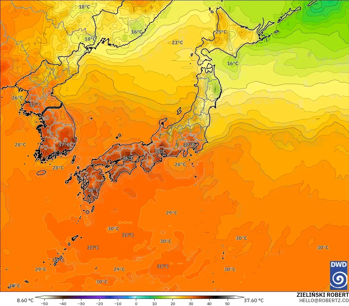 ICON modelo - Japón, Temperatura a 2 m
