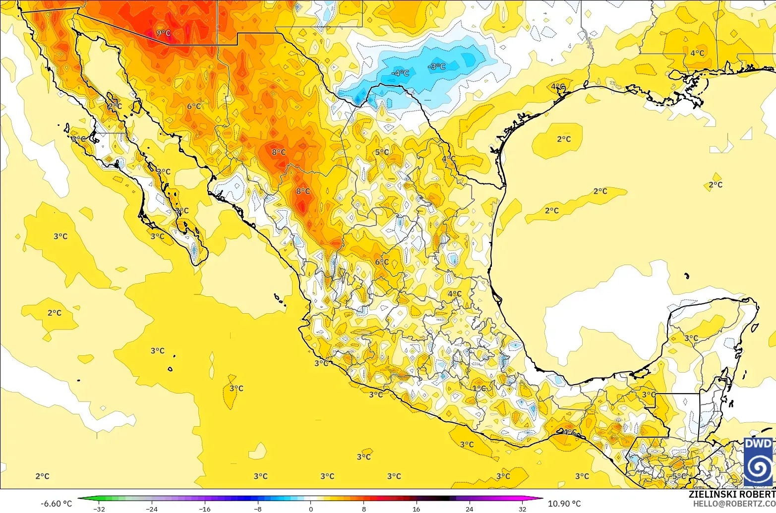 ICON modelo - México, Anomalía de temperatura a 2 m