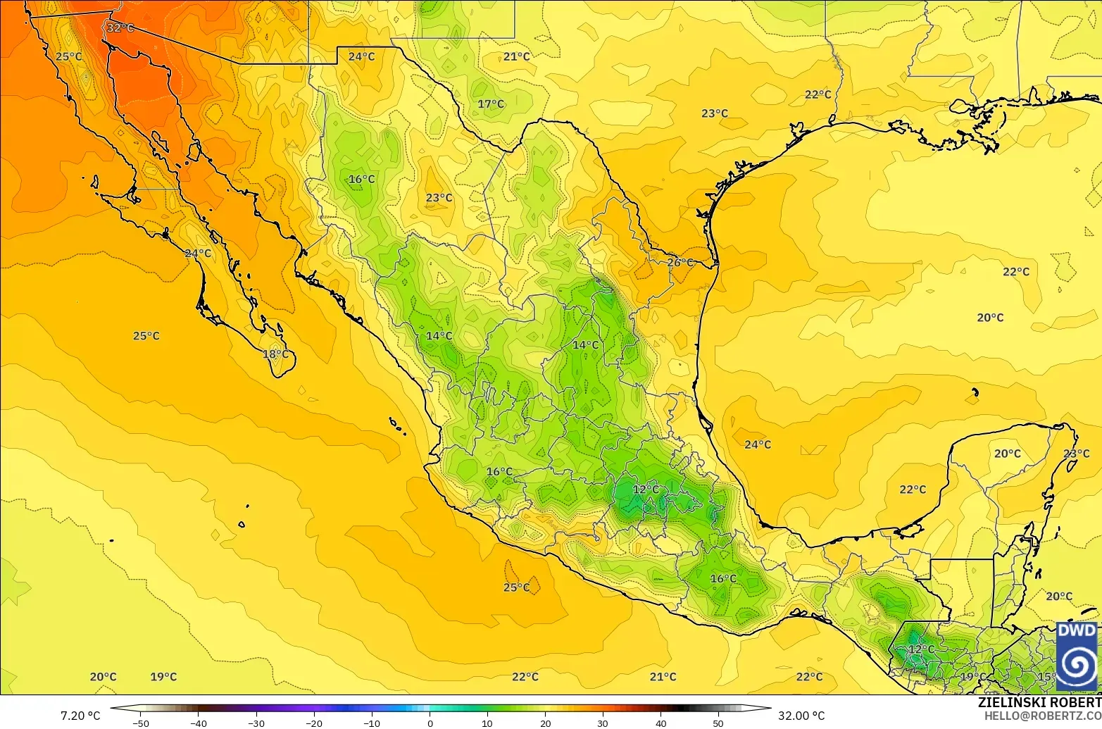 ICON modelo - México, Temperatura a 850 hPa