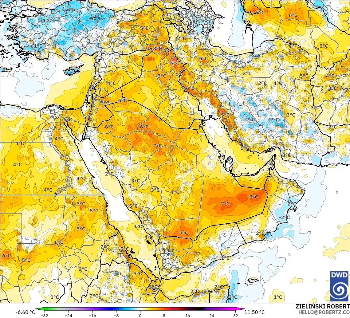 ICON modelo - Oriente Medio, Anomalía de temperatura a 2 m