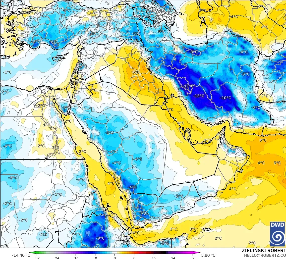 ICON modelo - Oriente Medio, Anomalía de temperatura a 850 hPa