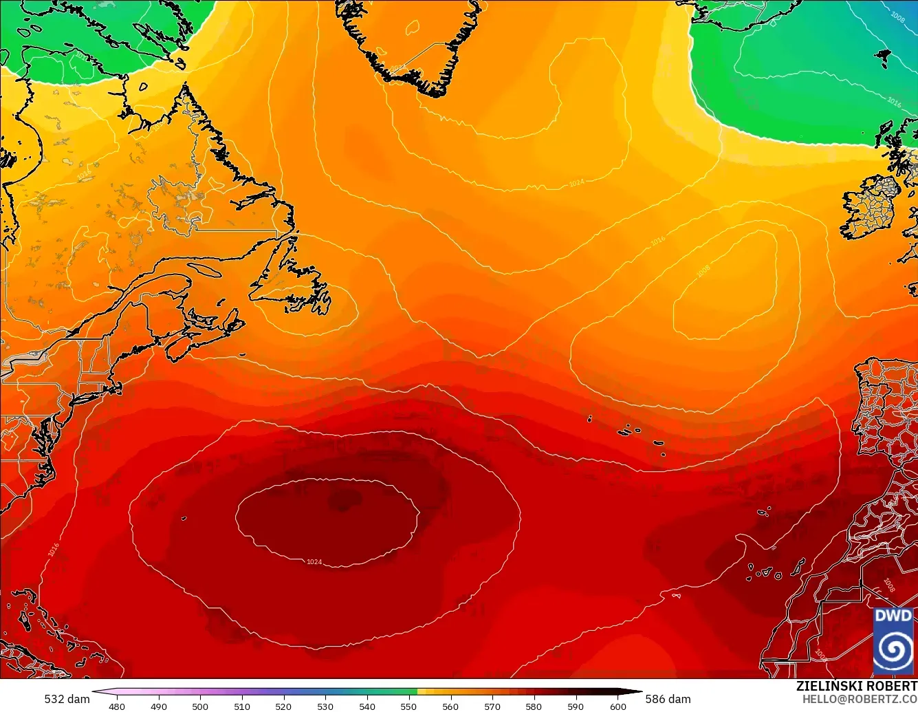 ICON modelo - Norte Atlántico, Altura geopotencial a 500 hPa