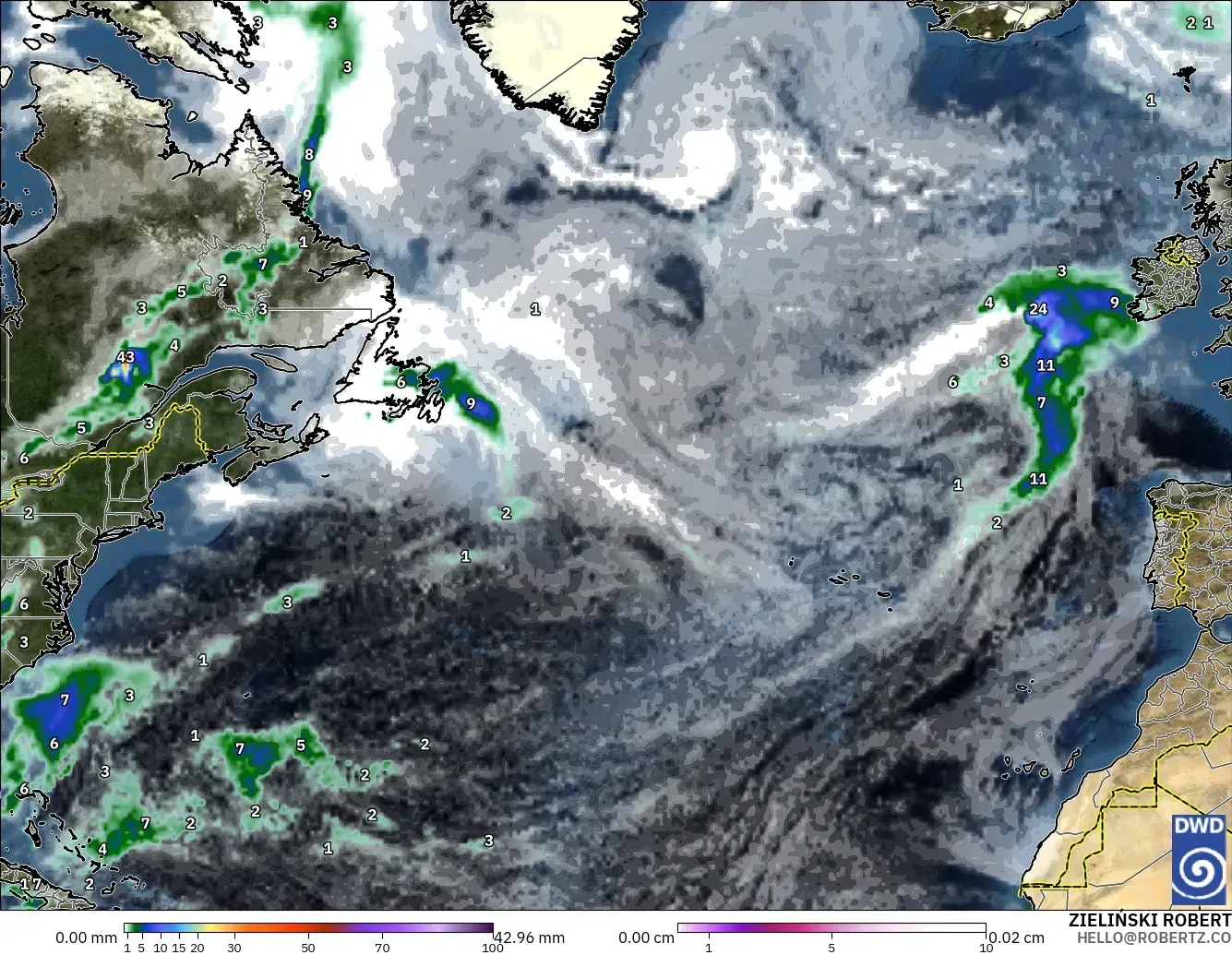 ICON modelo - Norte Atlántico, Precipitación, nubes y presión