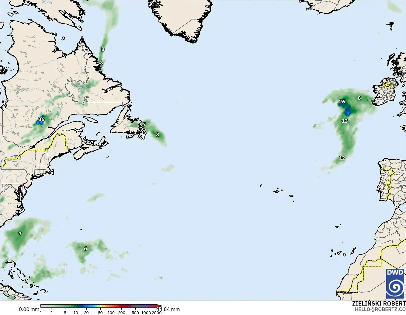 ICON modelo - Norte Atlántico, Acumulación de precipitación