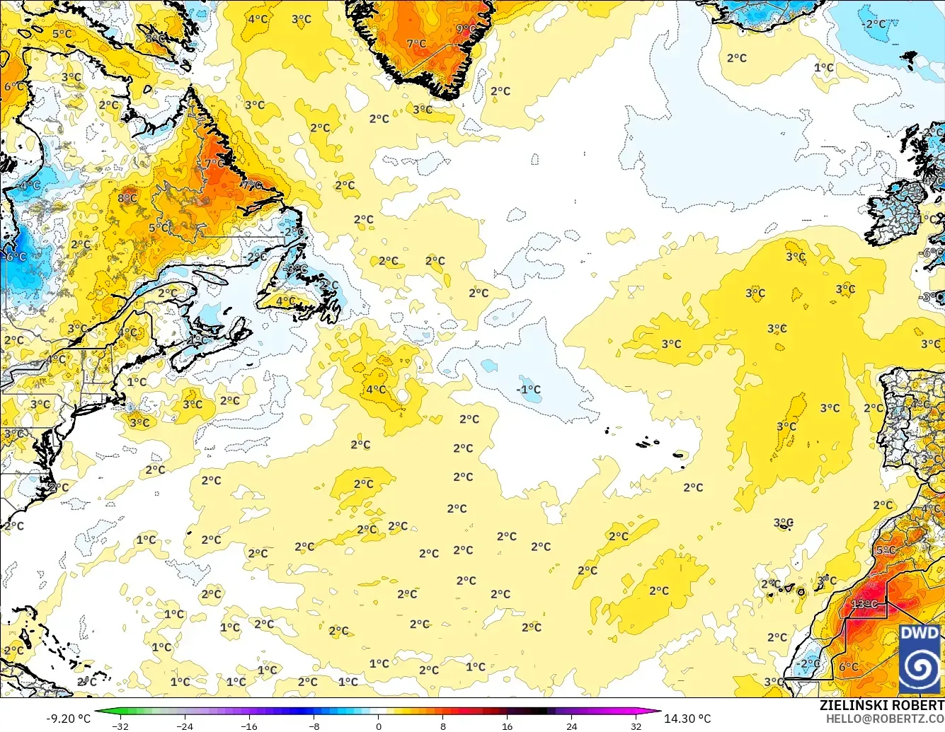 ICON modelo - Norte Atlántico, Anomalía de temperatura a 2 m